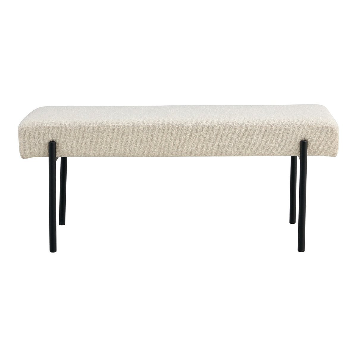 Banc Swindon en bouclé blanc avec pieds en métal noir, vue de face