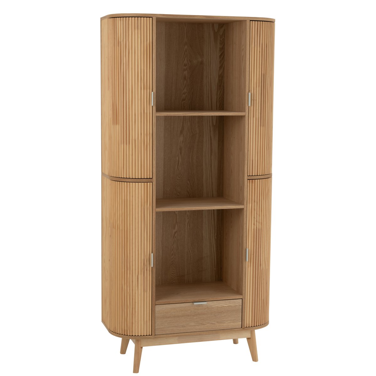 Armoire J-Cas en bois naturel, vue de face avec portes ouvertes