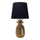 Lampe de table en céramique "ananas", lampe de table en céramique avec glaçure de couleur dorée et écran de tissu noir, avec socket E14, pour salle à manger, salon, couloir ou bureau, lampe de table 45 cm de haut