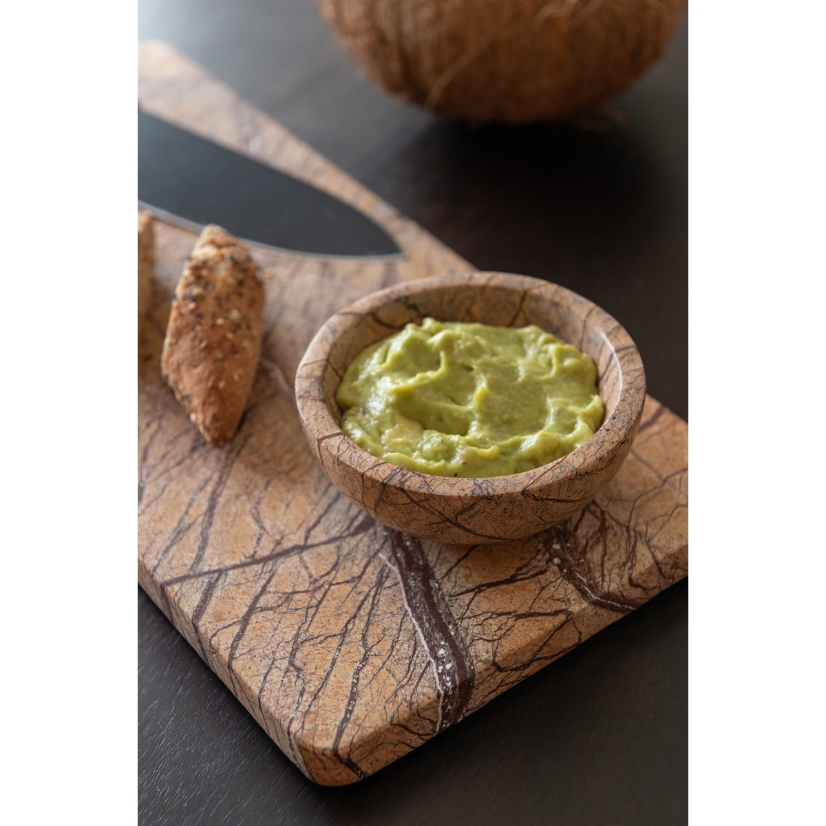 Bol Oni rond en marbre J-Line - vue de face avec détails en marbre marron et ocre