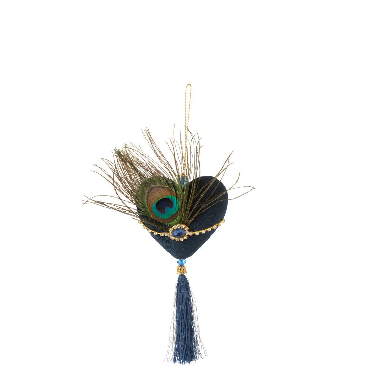 Pendentif J-Line Coeur & Plumes en textile bleu et vert, style bohème
