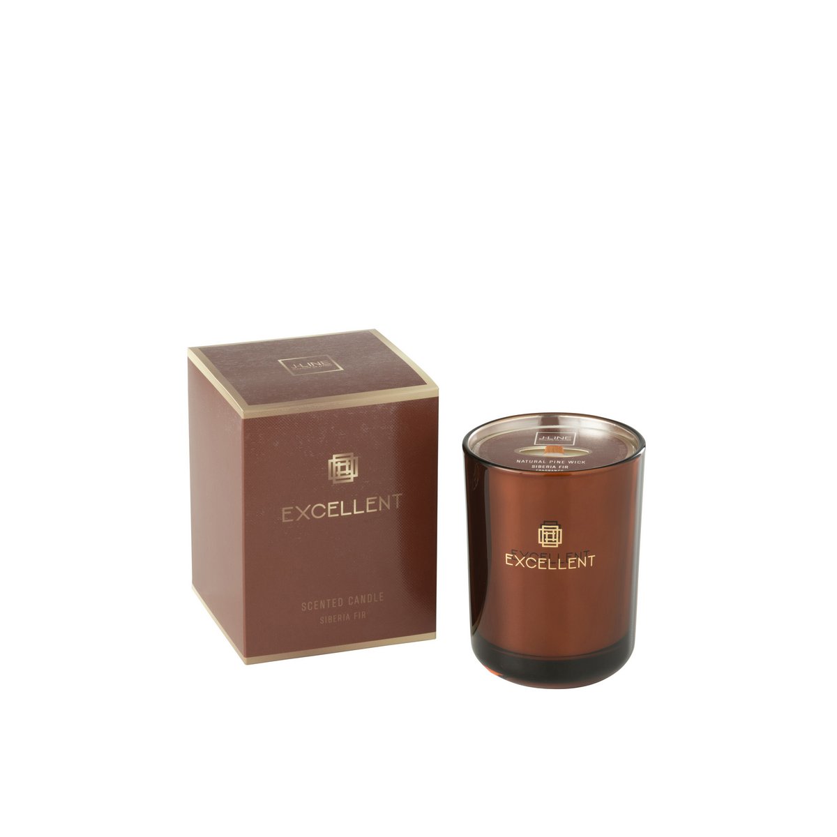 Bougie parfumée J-Line Excellent en verre marron, vue de face