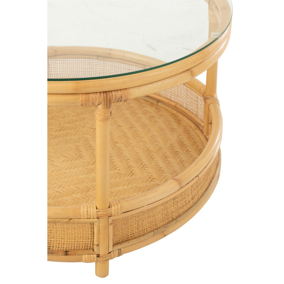 Vue de côté de la table basse Jovelyne mettant en avant le rotin tressé