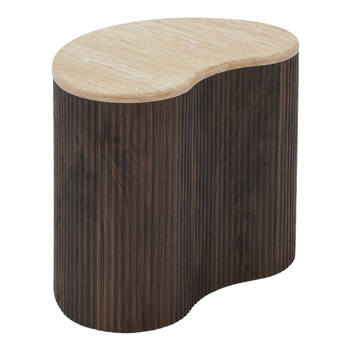 Table d'appoint Cadix avec plateau travertin et base marron foncé, élégante et compacte
