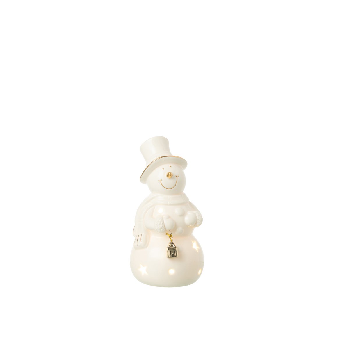 Figurine Bonhomme de neige J-Line en porcelaine écrue avec lumières LED