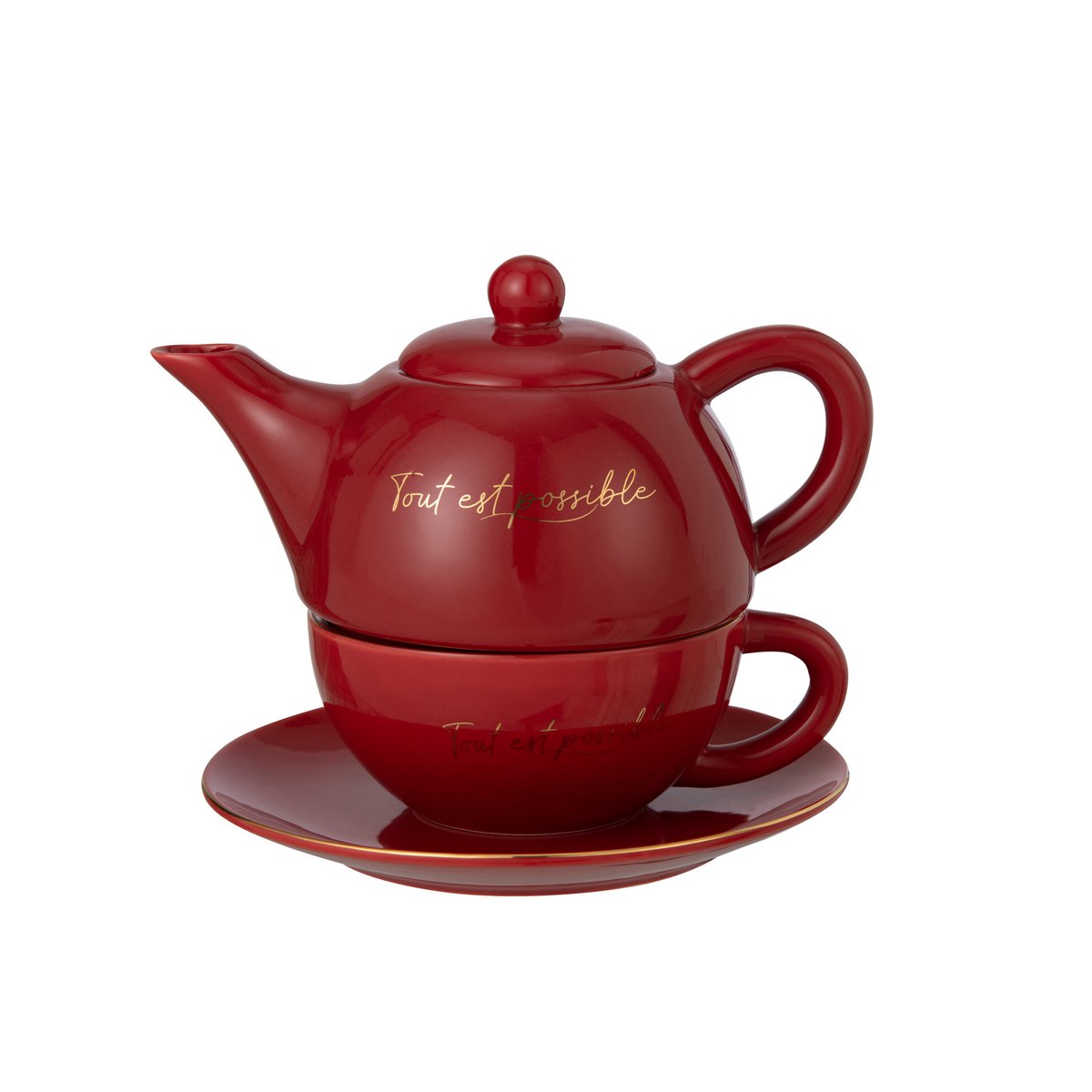 Ensemble théière et tasse rouge en porcelaine J-Line, vue de face