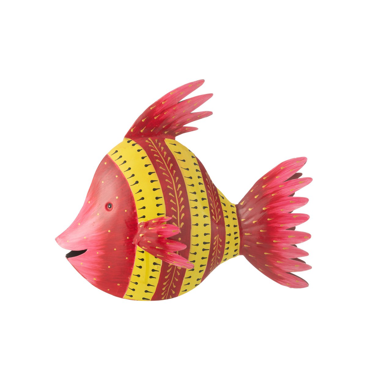 Vue détaillée du poisson en métal J-Line, mettant en avant ses couleurs vibrantes.