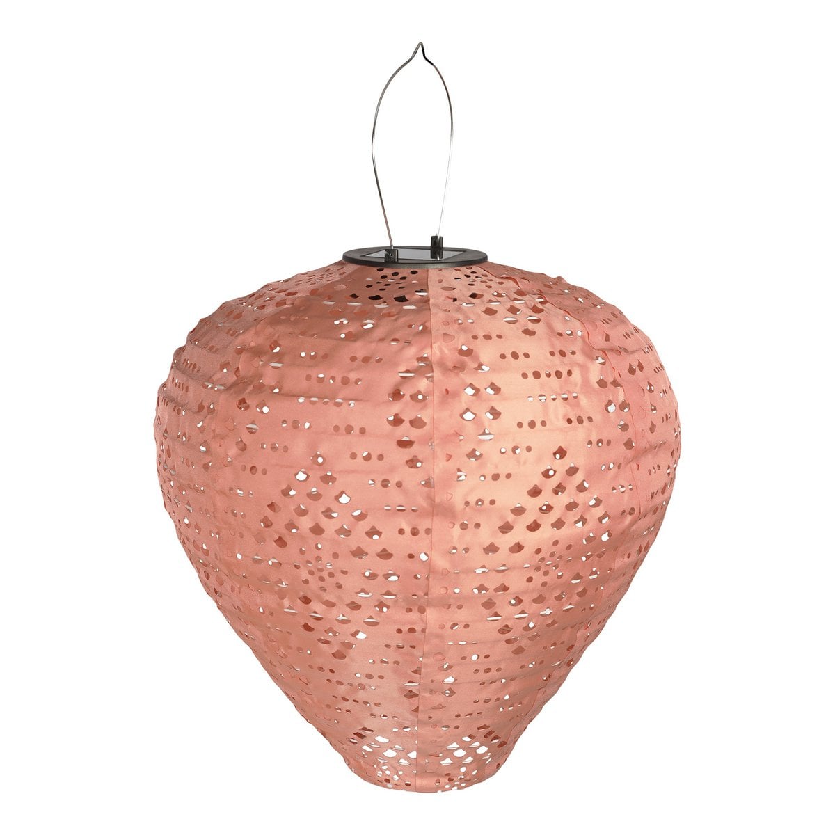 Lanterne LED solaire Greatham rose posée sur une table de jardin