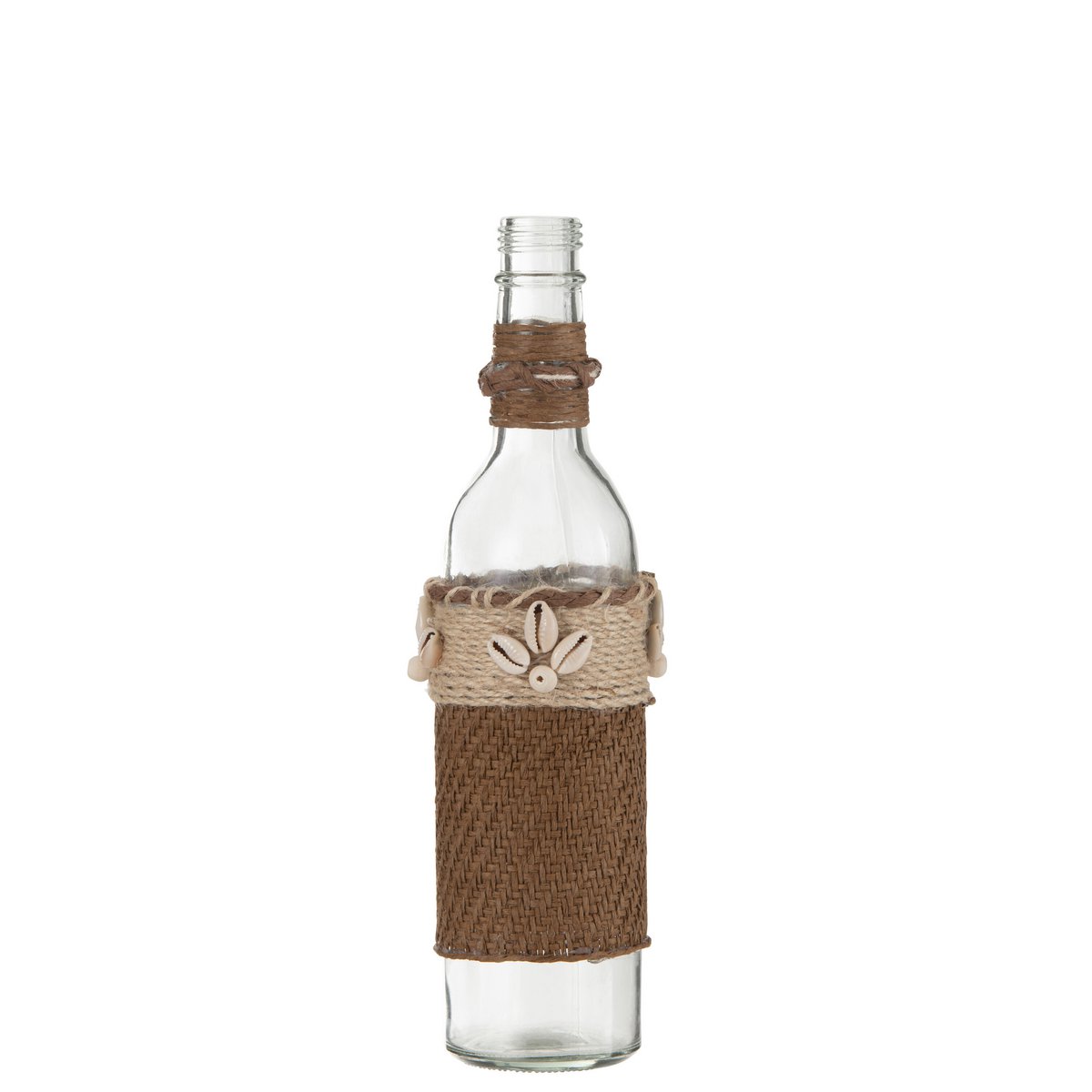 Bouteille de décoration J-Line en verre marron avec coquillages, vue de côté