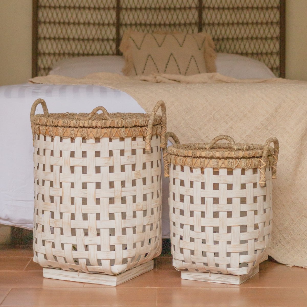 Panier à linge IRAYA en bambou avec couvercle et poignées