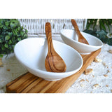Set de 2 bols à dips DESIGN en porcelaine avec 2 cuillères sur bois d'olivier