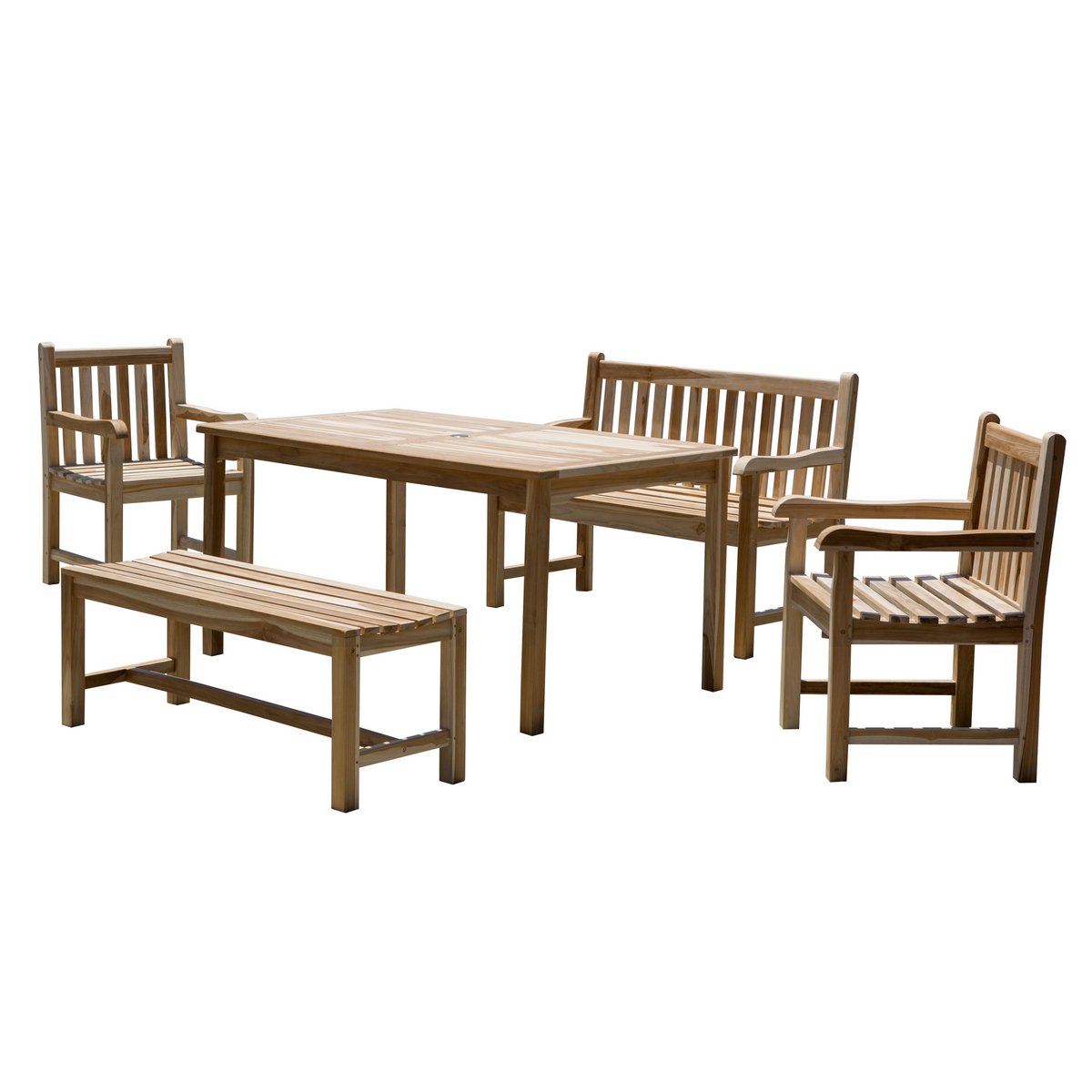 Ensemble salon en teck avec deux fauteuils, deux bancs et une table