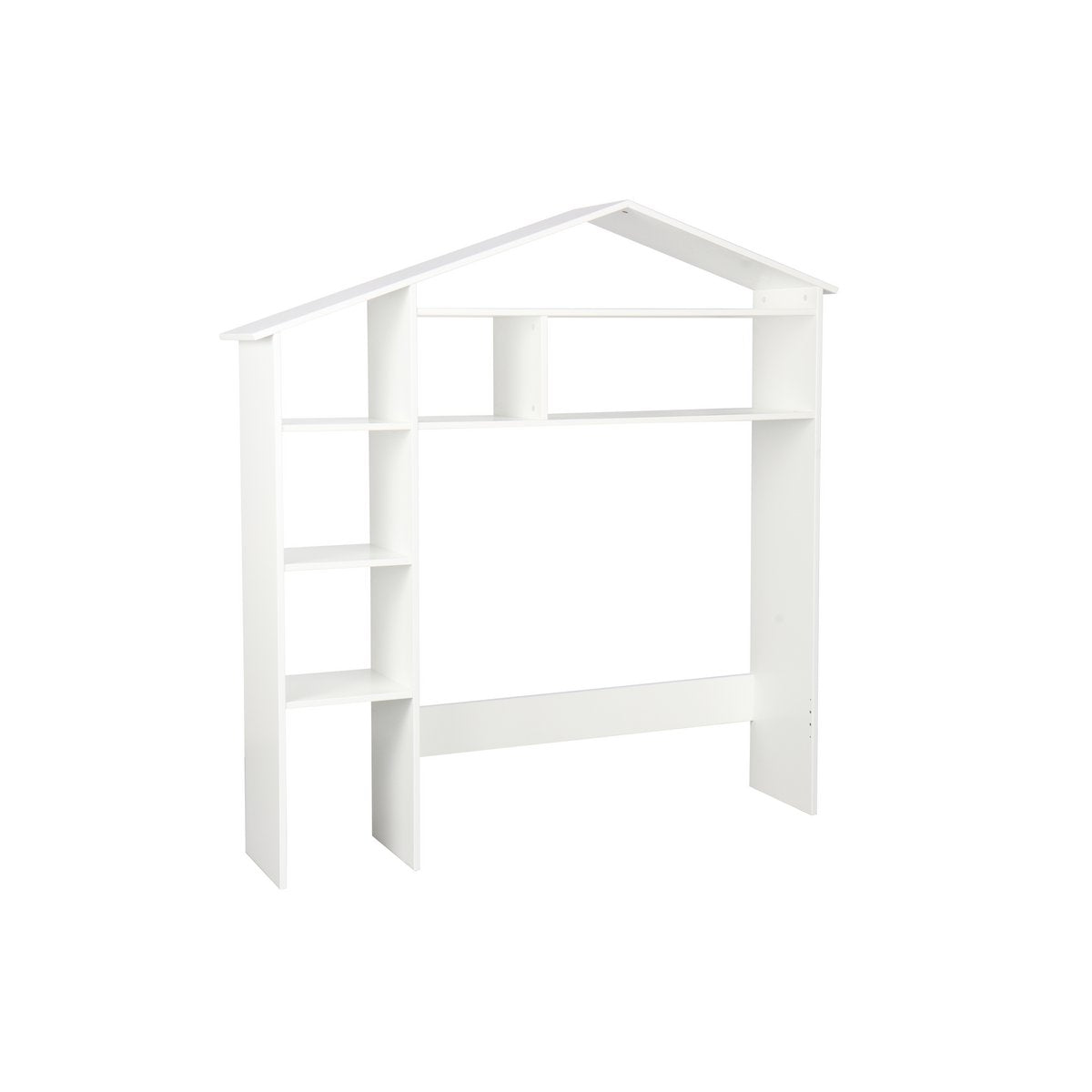 Étagère maison en bois blanc vue de face avec sept étagères.