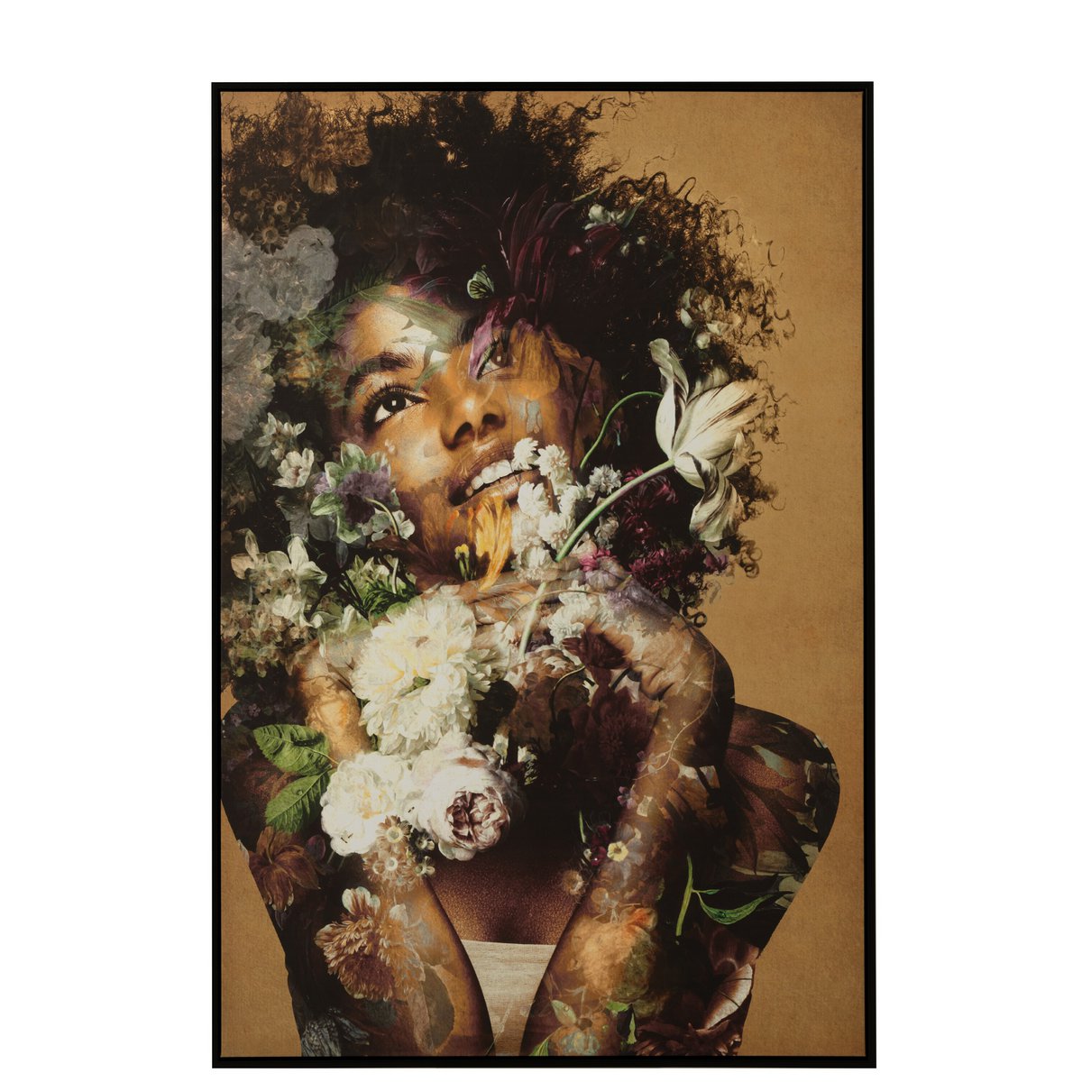 Vue latérale du cadre Femme Fleurs en bois et toile