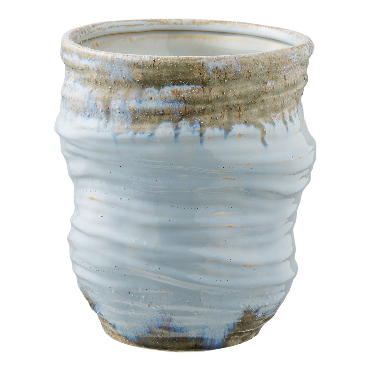 Vase en céramique bleu clair, vue de face avec détails texturés