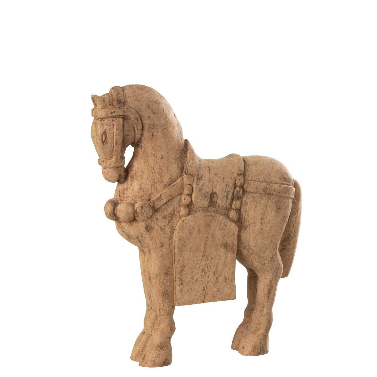 Figurine cheval en bois naturel J-Line, vue de face avec détails sculptés