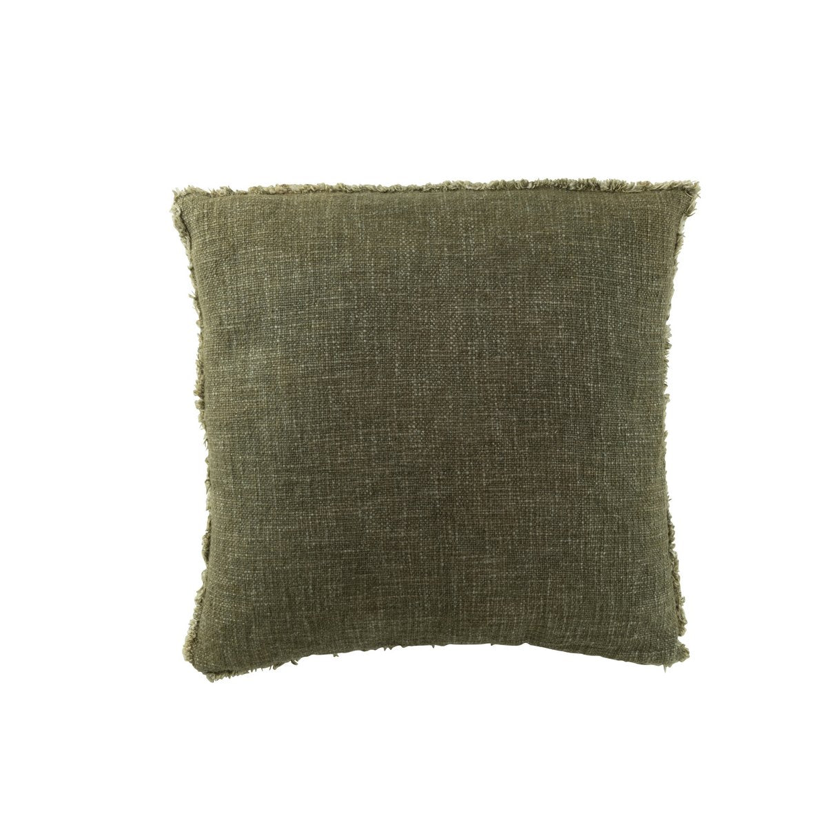 Coussin J-Line vert foncé avec bords effilochés, élégant et confortable.