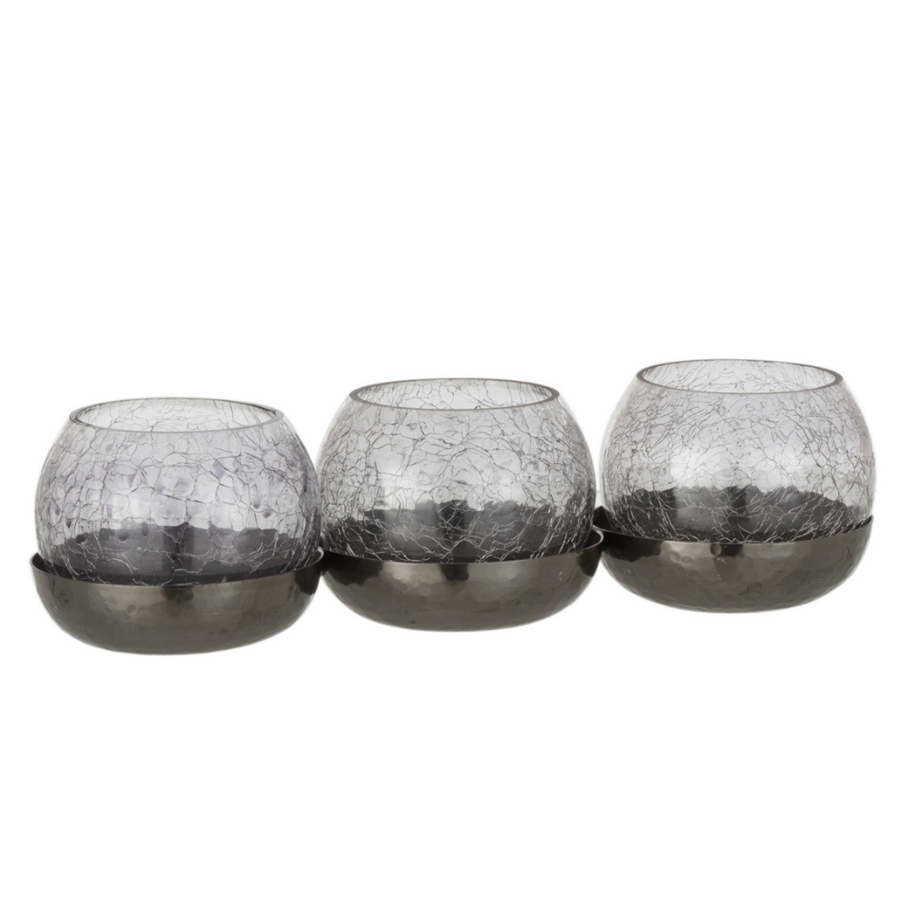 Photophore J-Line avec trois boules en verre craquelé et base en métal noir
