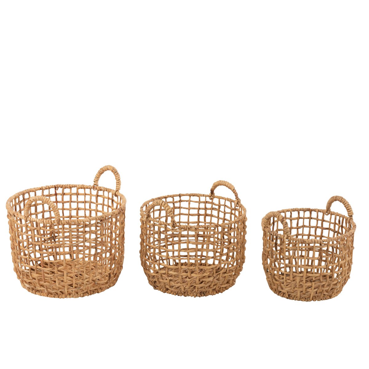 Lot de 3 paniers ronds en jacinthe d'eau naturelle, vue de face