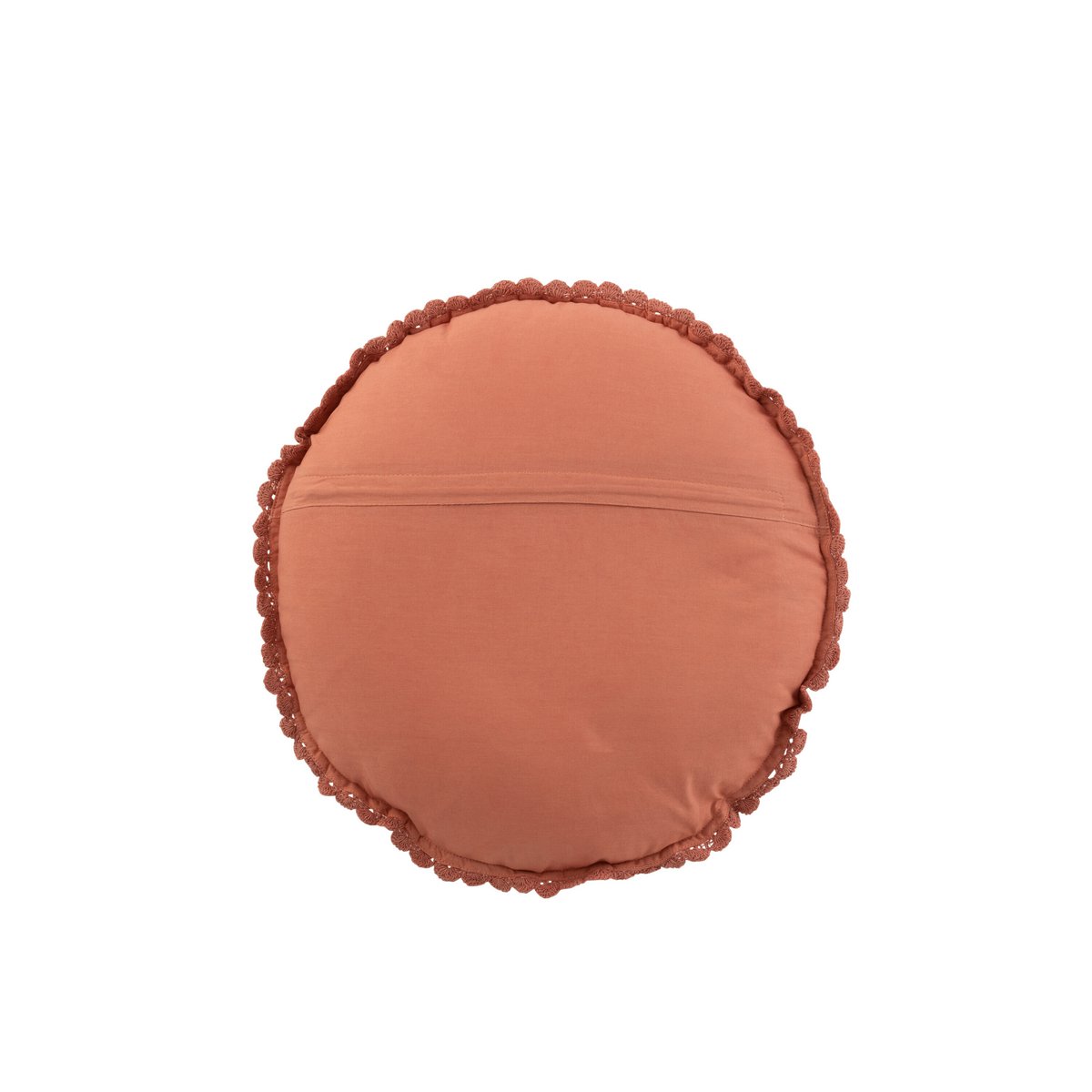 Coussin rond Mia Kant en coton marron, vue de face dans un salon élégant