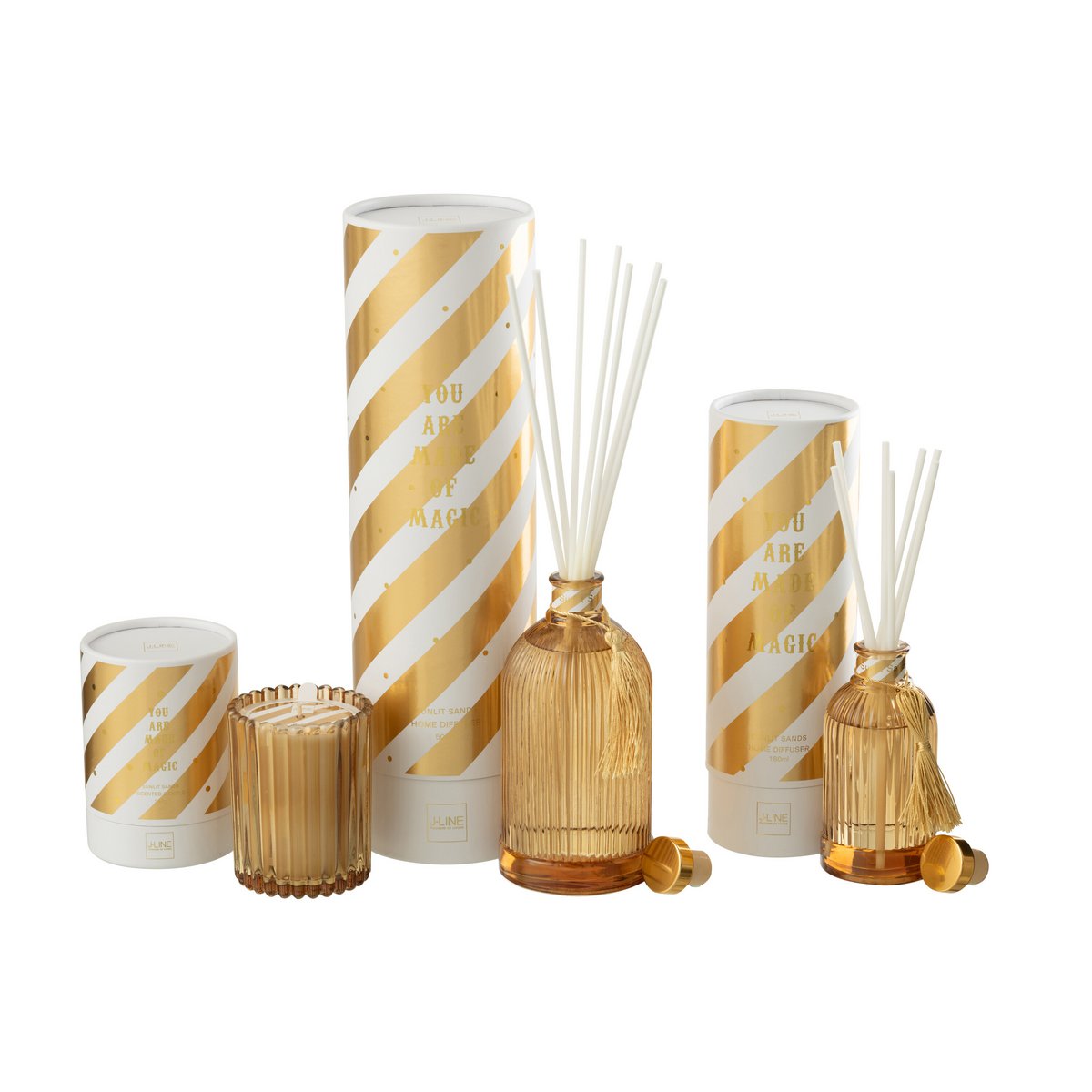 Détails du verre blanc et or des bâtonnets parfumés J-Line