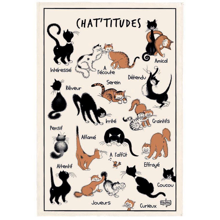 Torchon Dubout Chat'tiudes Écru avec illustrations félines humoristiques