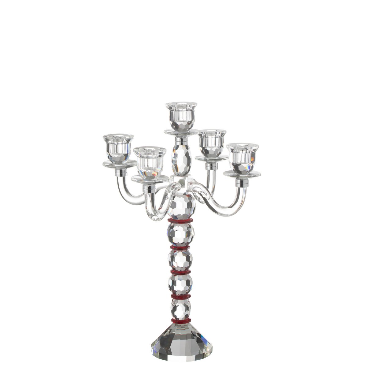 Bougeoir Annie 5 Bras en cristal rouge et transparent, vue de face