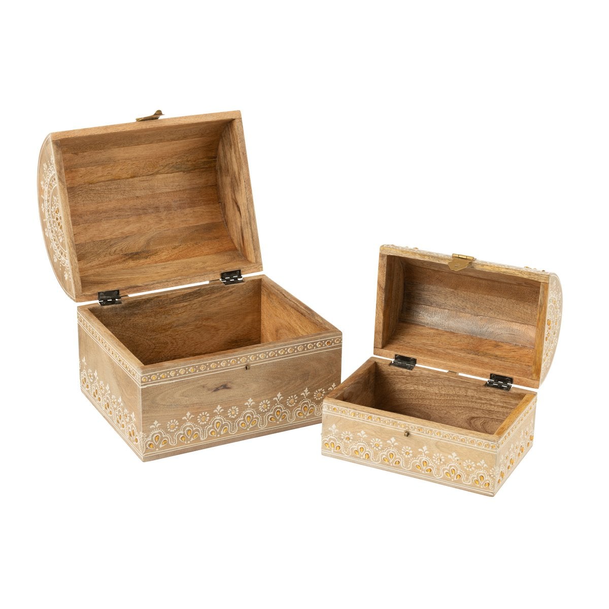 Boîte décorative en bois de mangue, détail des perles naturelles et blanches.