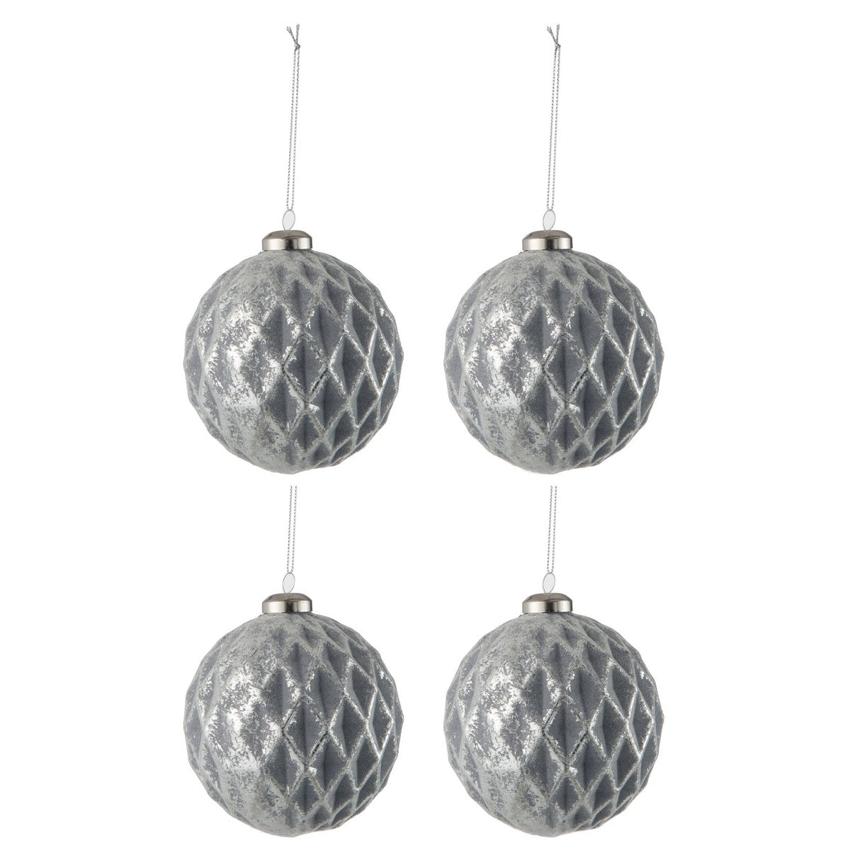 Coffret de 4 boules de Noël en verre gris antique avec motif à carreaux