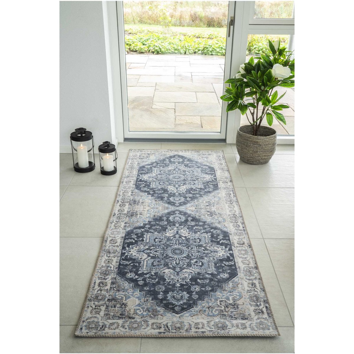 Détail du design traditionnel du Tapis de Couloir Havana bleu