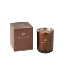 Bougie parfumée J-Line en verre marron, vue de face