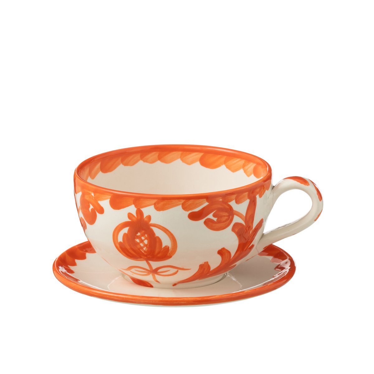Tasse et soucoupe J-Line Grenade en céramique blanche et orange, vue de face