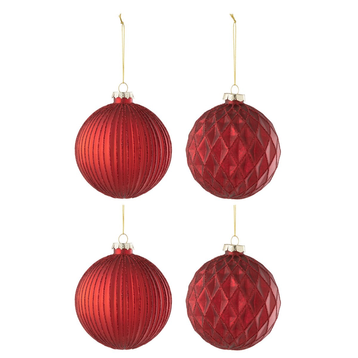 Boule de Noël J-Line Ribbed/Rhombus en verre rouge, design élégant
