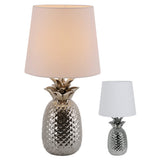 Lampe de table en céramique "ananas", lampe de table en céramique avec glaçure de couleur chromée et écran de tissu blanc, avec socket E14, pour salle à manger, salon, couloir ou bureau, 45 cm de haut