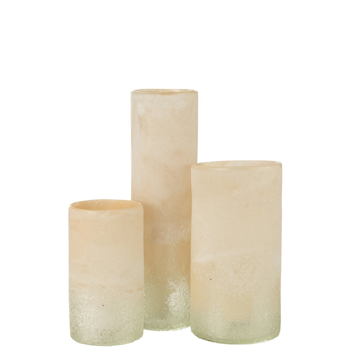 Vase J-Cylindre en verre beige, sur une table