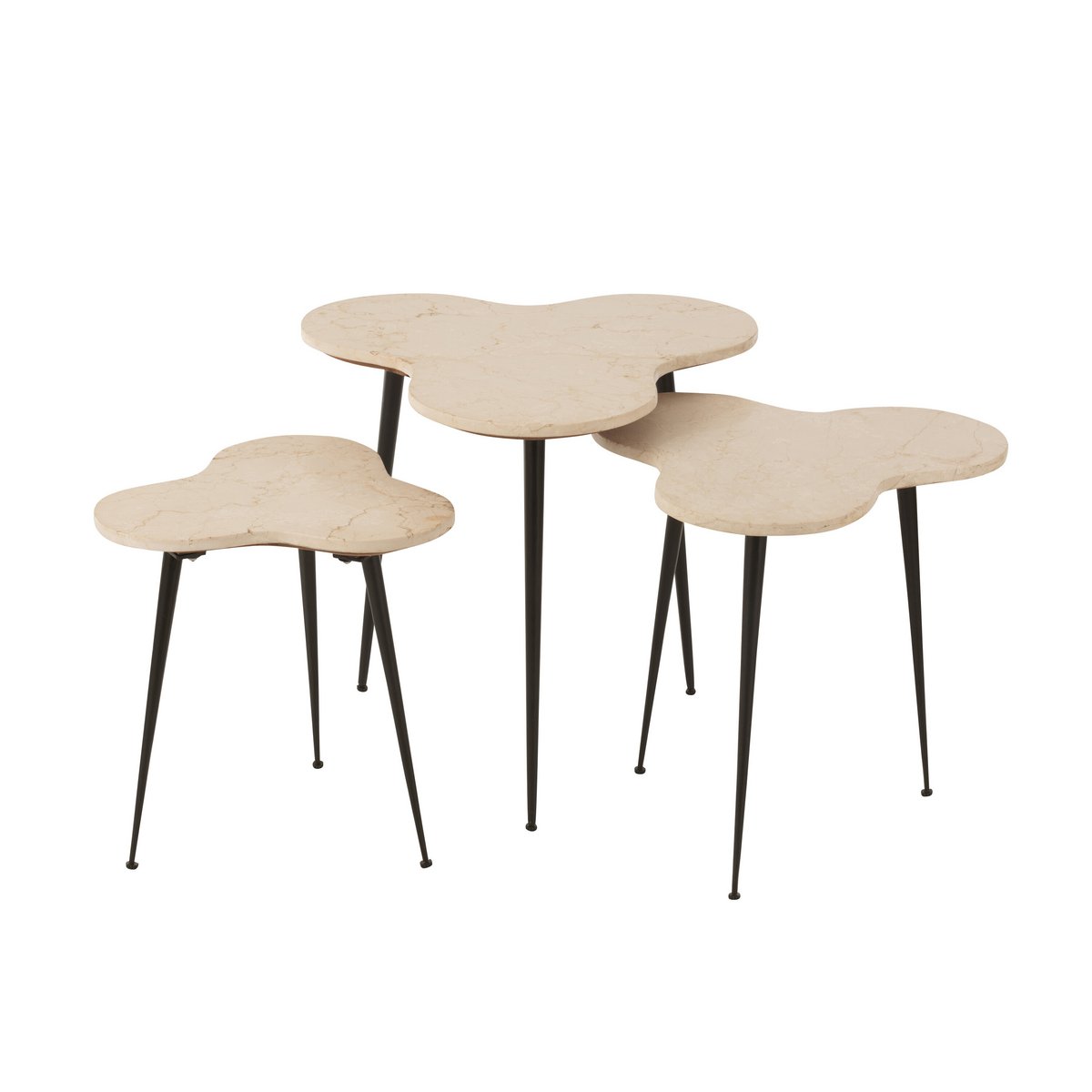 Set de 3 tables d'appoint J-Line en marbre et métal, vue de face.