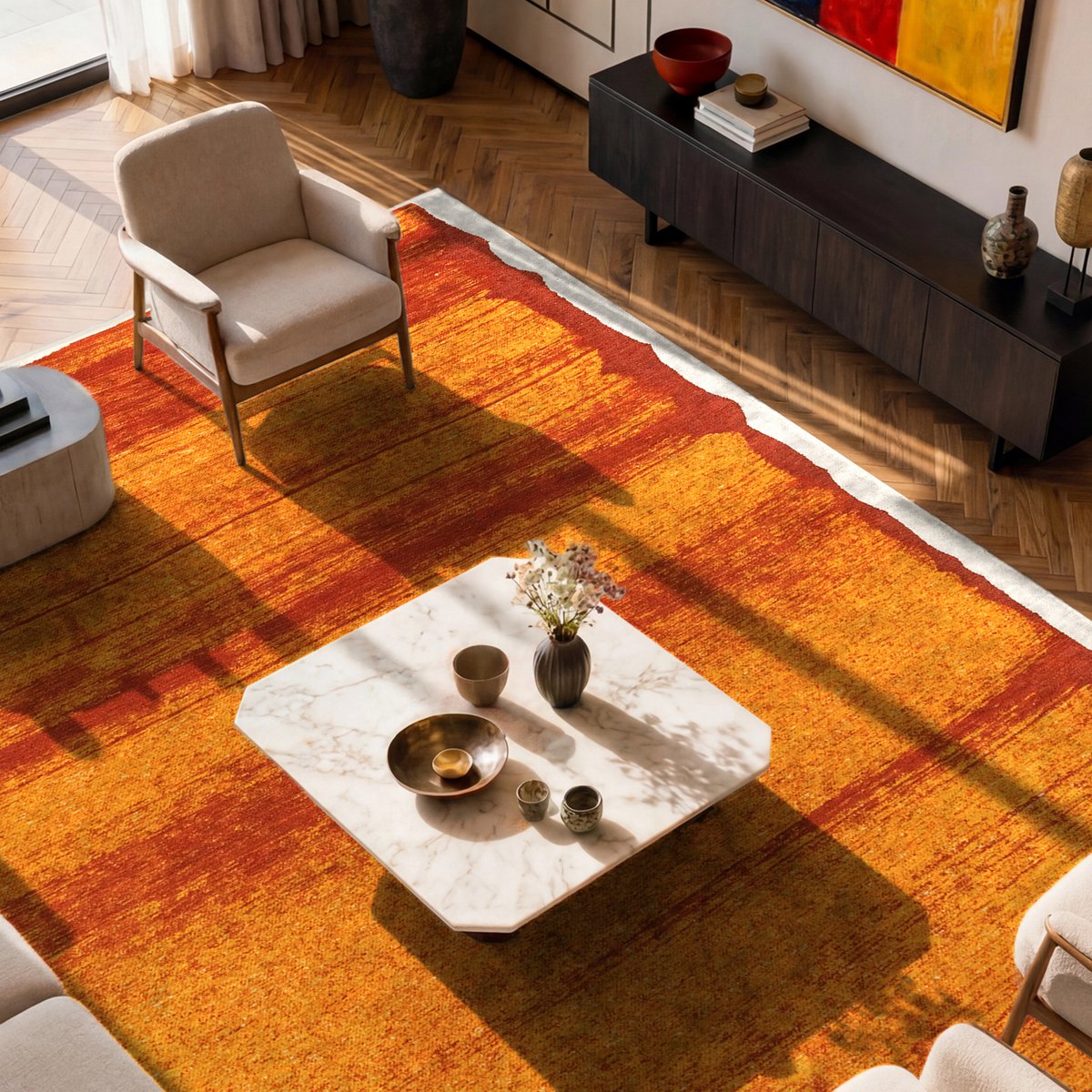 Détail du motif du tapis Eco orange, inspiré de l'art contemporain