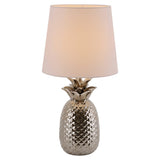 Lampe de table en céramique "ananas", lampe de table en céramique avec glaçure de couleur chromée et écran de tissu blanc, avec socket E14, pour salle à manger, salon, couloir ou bureau, 45 cm de haut