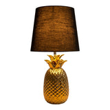 Lampe de table en céramique "ananas", lampe de table en céramique avec glaçure de couleur dorée et écran de tissu noir, avec socket E14, pour salle à manger, salon, couloir ou bureau, lampe de table 45 cm de haut