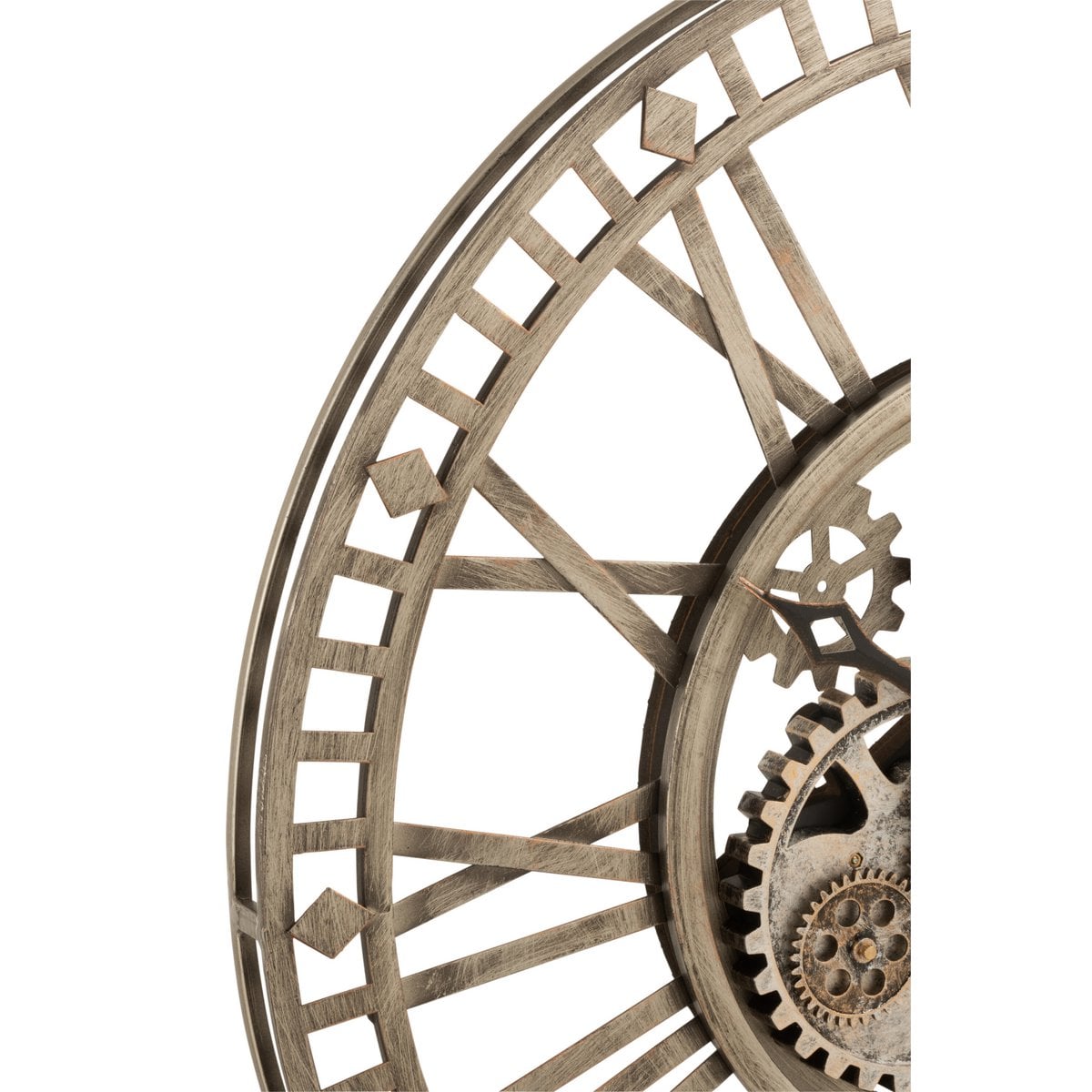 Horloge murale J-Line en métal gris, vue de face avec chiffres romains.