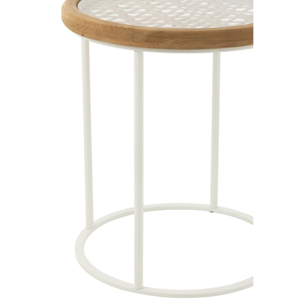 Détail de la surface de la table d'appoint J-Line, mettant en avant le mélange bois et métal.