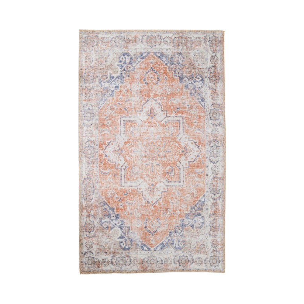 Tapis Havana en chenille polyester avec motifs bleus et orange, vue complète