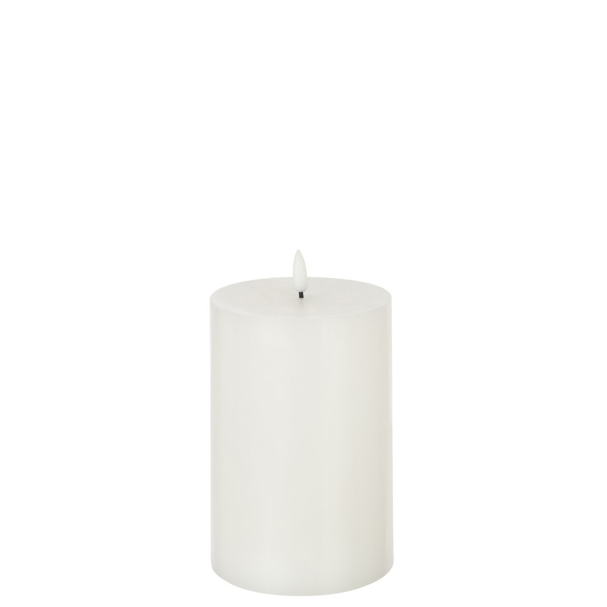 Bougie LED J-Line blanche allumée sur une table en bois