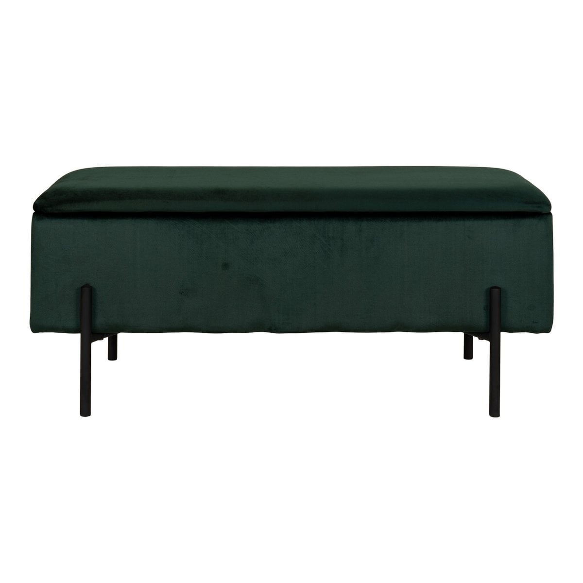 Banc Watford en velours vert avec pieds en métal noir, vue de face