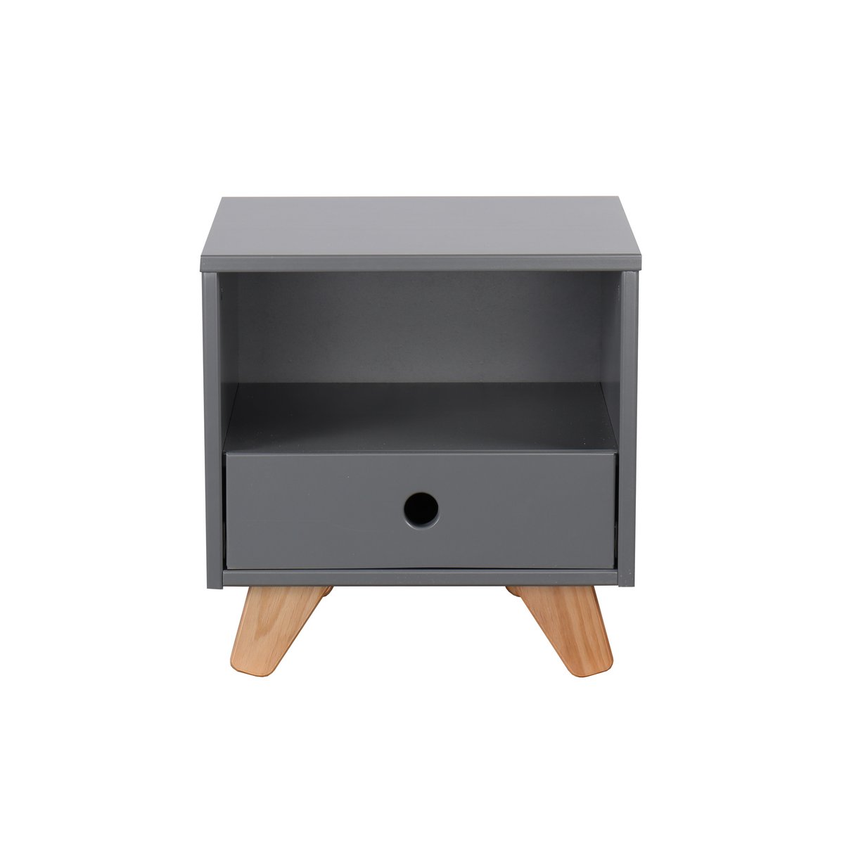 Table de chevet scandinave en bois avec tiroir et compartiment ouvert