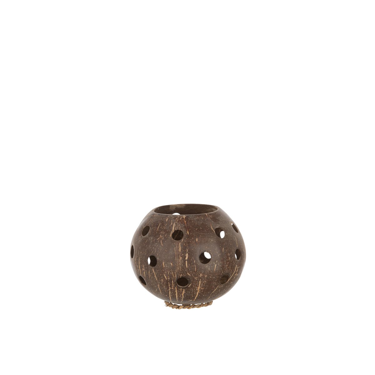 Photophore Coconut Holes J-Line en jute, vue de face avec détails des trous.