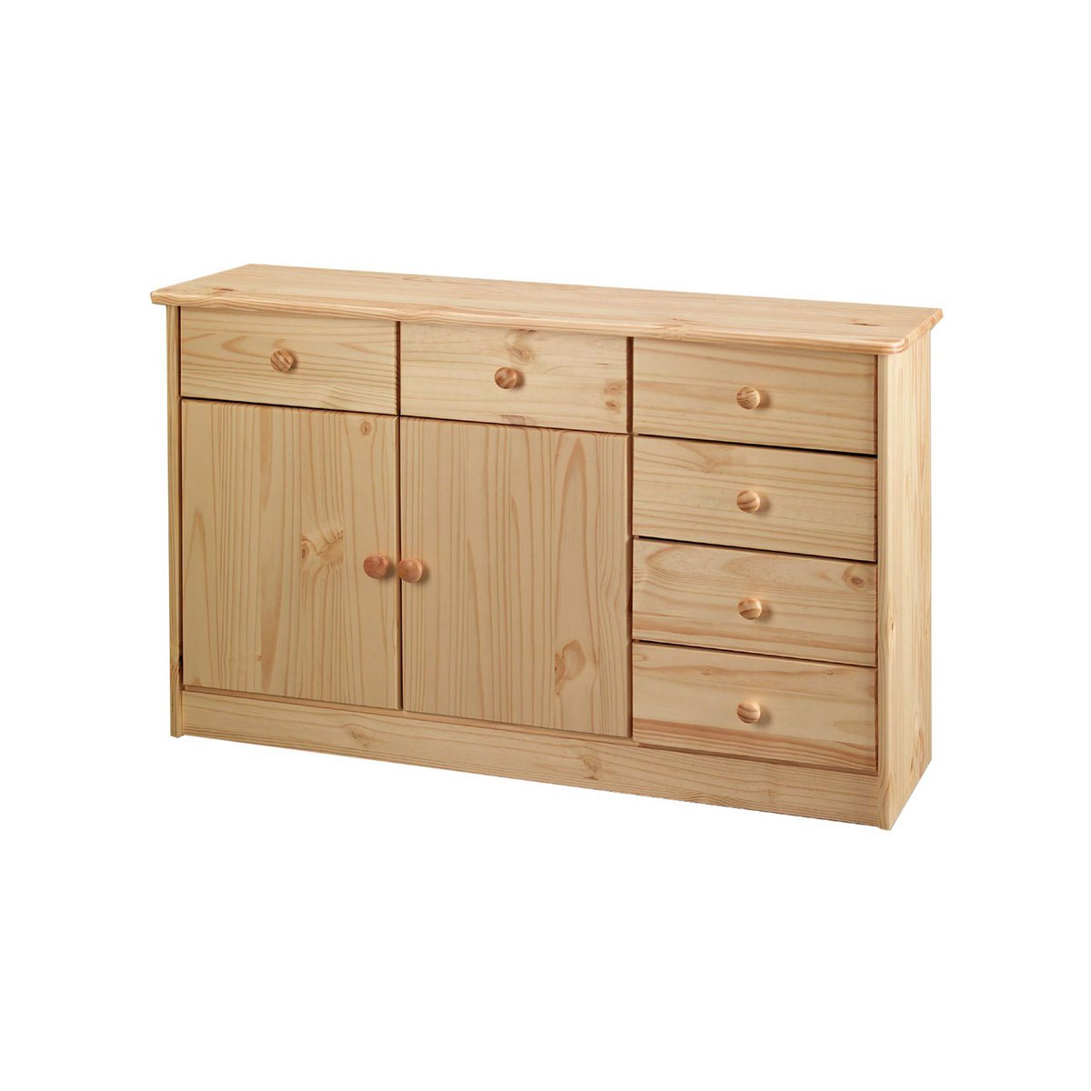Commode en bois de pin avec deux portes et six tiroirs, vue de face