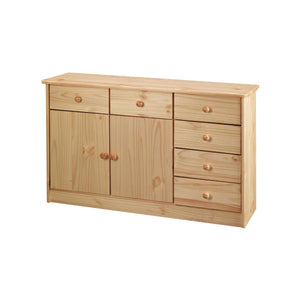 Commode en bois de pin avec deux portes et six tiroirs, vue de face