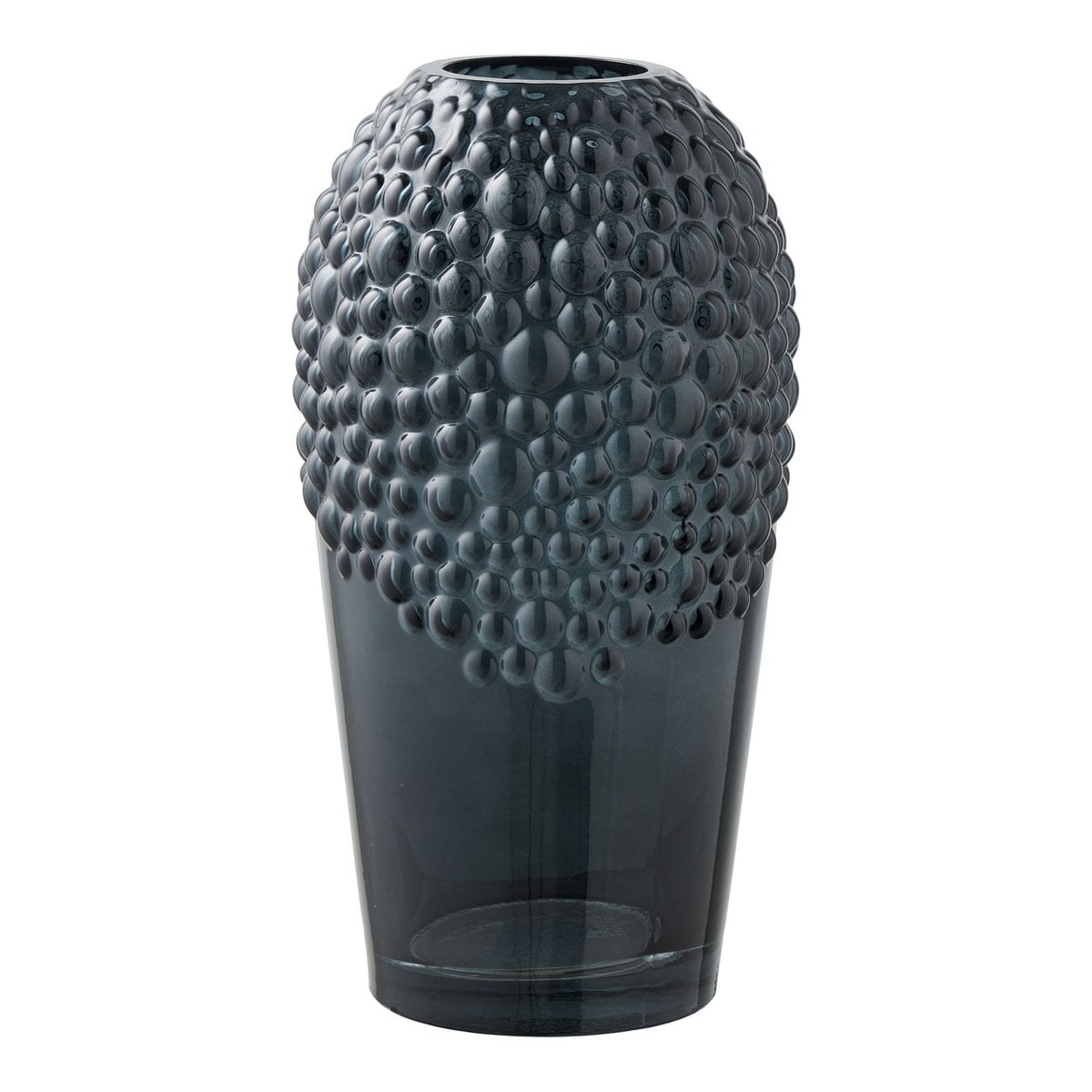 Vase en verre gris foncé avec finition lisse et brillante, vue de face