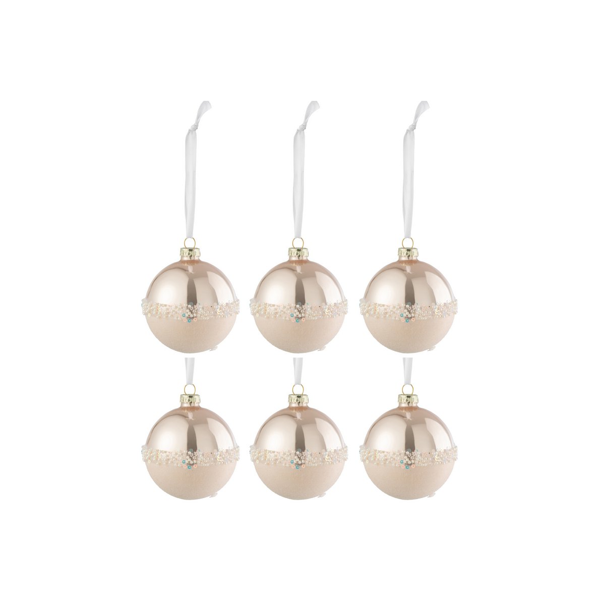 Boule de Noël J-Line en verre rose clair avec sequins, vue de face.